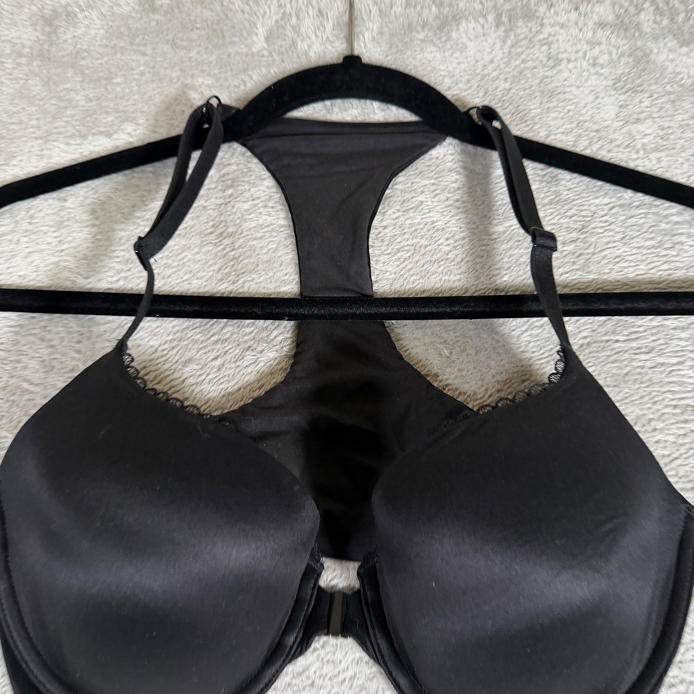 VICTORIAS SECRET 34D Black Lined Demi Double Push Up Bra Racerback Front Close - Picture 2 of 13